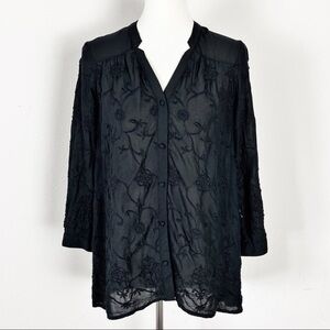 Lucky Brand Semi Sheer Top Black Embroidery S